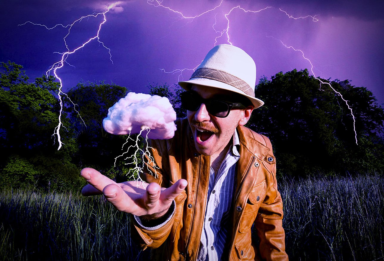 Artistic Surreal Image of a Man Holding a Lightning Cloud